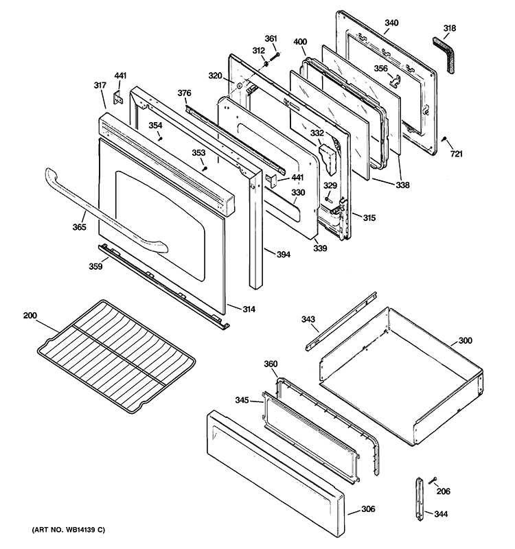 DOOR & DRAWER PARTS Diagram and Parts List for JGBP88DEM1WW  General Electric Range