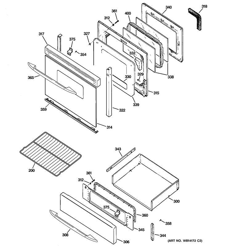 DOOR & DRAWER PARTS Diagram and Parts List for PGB908DEM1BB  General Electric Range