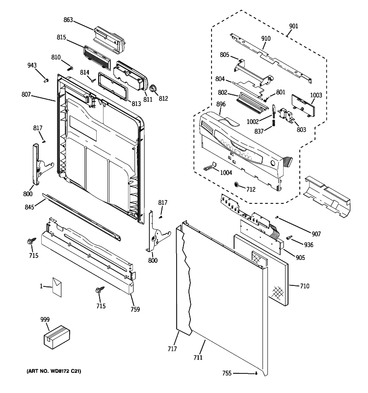 ESCUTCHEON & DOOR ASSEMBLY Diagram and Parts List for GFLD560N10BB  General Electric Dishwasher