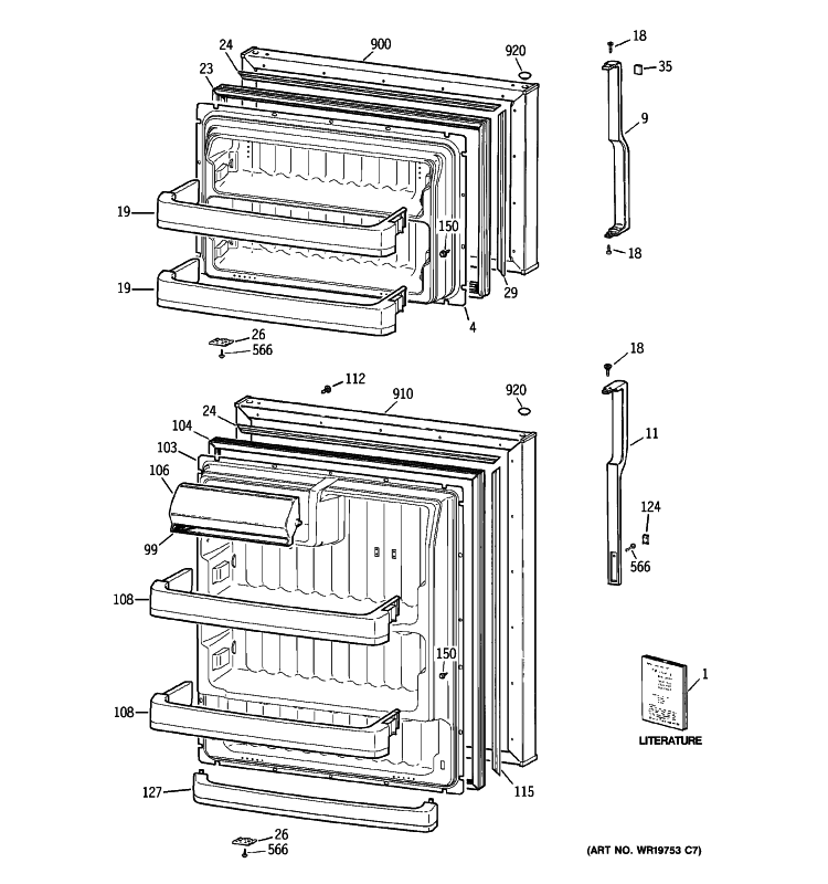 DOORS Diagram and Parts List for GTS18RBSBRWW  General Electric Refrigerator