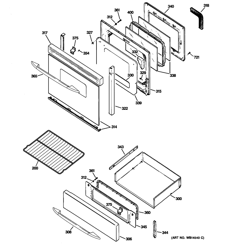 DOOR & DRAWER PARTS Diagram and Parts List for JGB908SEL4SS  General Electric Range