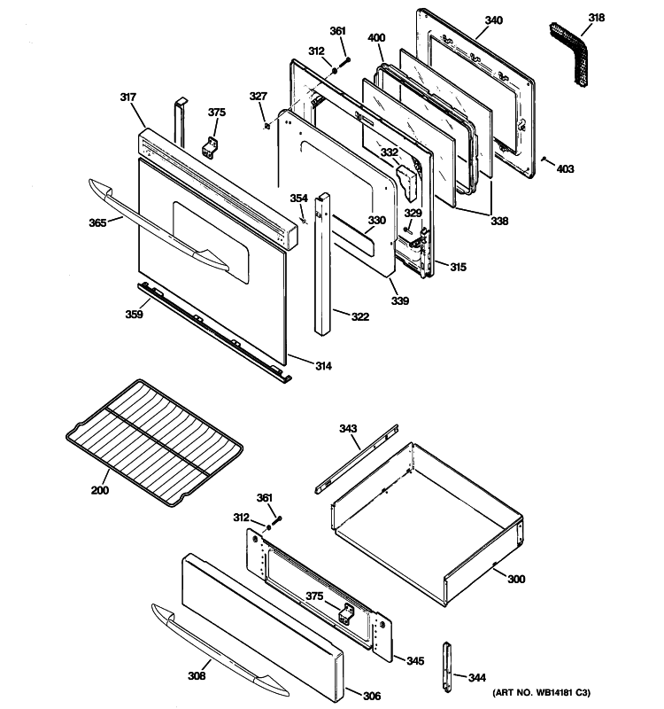 DOOR & DRAWER PARTS Diagram and Parts List for PGB900DEM2CC  General Electric Range