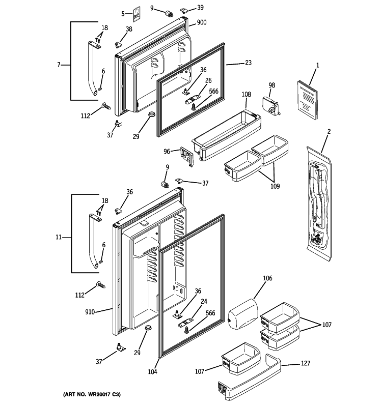 DOORS Diagram and Parts List for PTS18SHSXRSS  General Electric Refrigerator