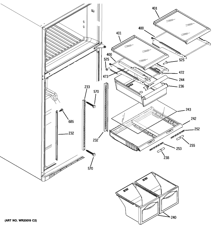 FRESH FOOD SHELVES Diagram and Parts List for PTS18SHSXRSS  General Electric Refrigerator