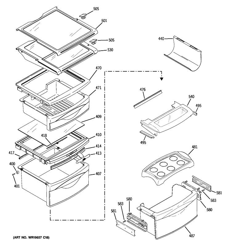 FRESH FOOD SHELVES Diagram and Parts List for GSL25LGWASS  General Electric Refrigerator