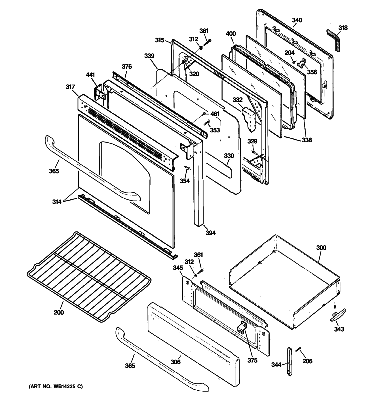 DOOR & DRAWER PARTS Diagram and Parts List for JGB290MEN1BS  General Electric Range