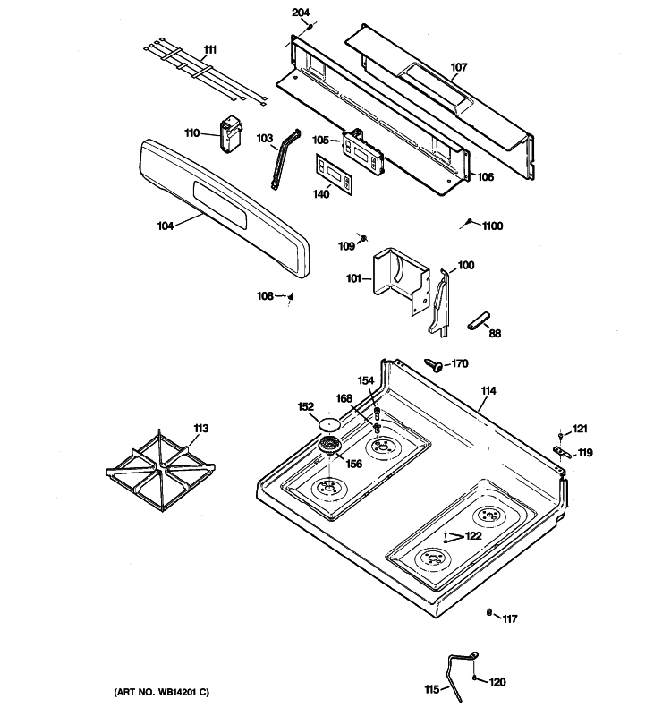 CONTROL PANEL & COOKTOP Diagram and Parts List for JGBS18DEN1CC  General Electric Range