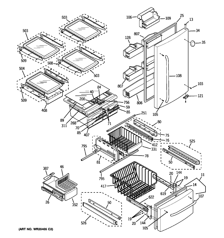 DOORS & SHELVES Diagram and Parts List for GDL22KCWASS  General Electric Refrigerator