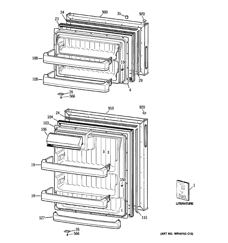 DOORS Diagram and Parts List for GTR18ZBSBRWW  General Electric Refrigerator