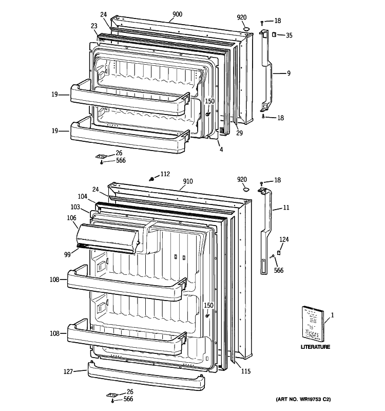 DOORS Diagram and Parts List for GTS18HBSBLWW  General Electric Refrigerator