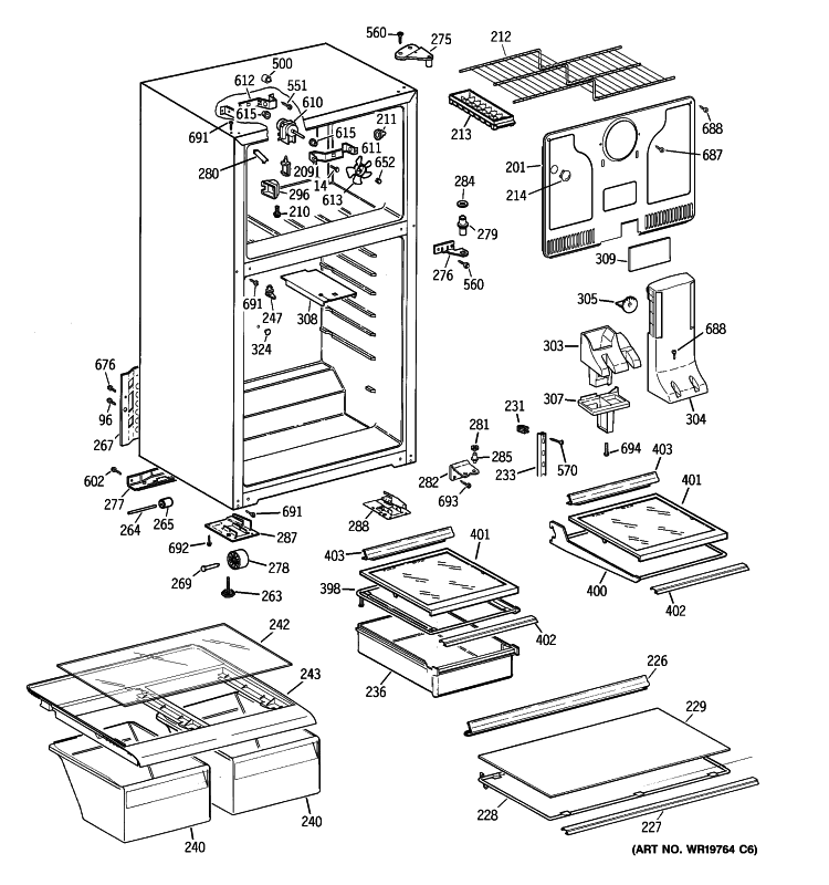 CABINET Diagram and Parts List for GTS18HBSBLWW  General Electric Refrigerator