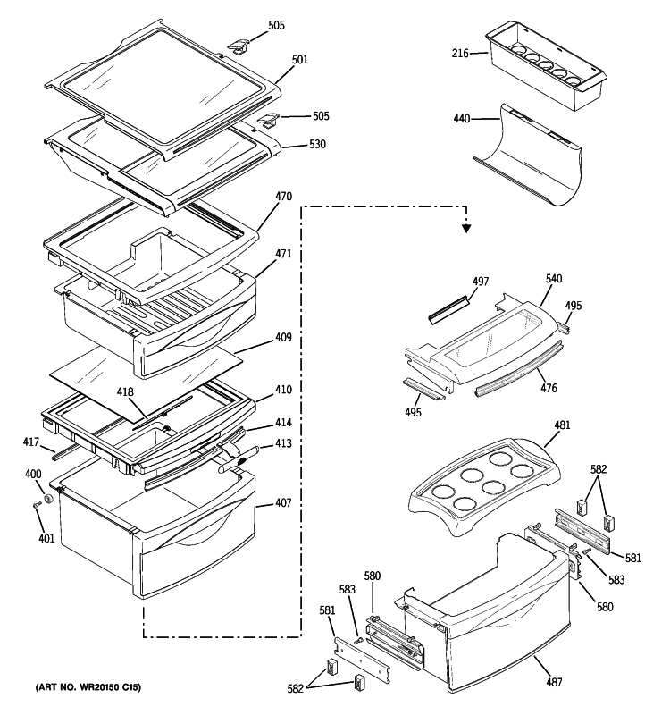 FRESH FOOD SHELVES Diagram and Parts List for PCE23NHTIFSS  General Electric Refrigerator