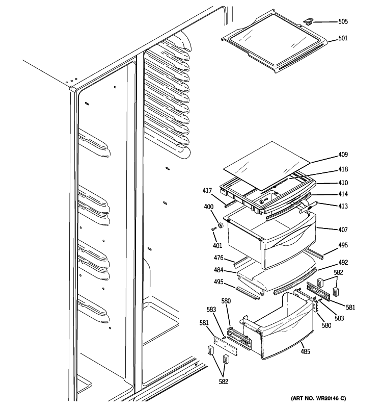 FRESH FOOD SHELVES Diagram and Parts List for GCE23LHWGFSS  General Electric Refrigerator