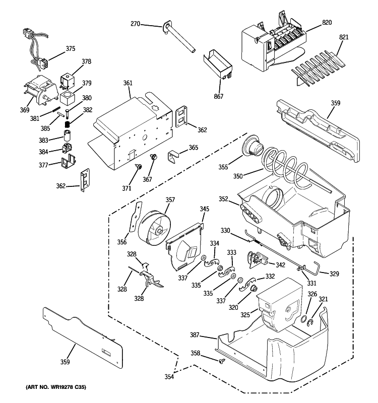 ICE MAKER & DISPENSER Diagram and Parts List for PSS23MSWASS  General Electric Refrigerator