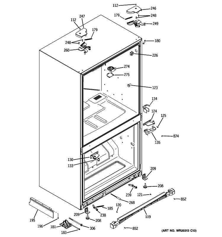 CASE PARTS Diagram and Parts List for PFCE1NJWCDWW  General Electric Refrigerator