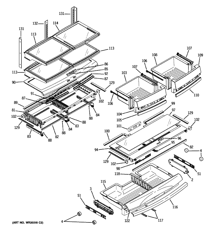 FRESH FOOD SHELVES Diagram and Parts List for PFCF1PJXCWW  General Electric Refrigerator