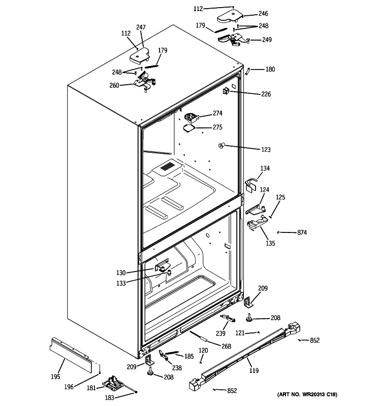 CASE PARTS Diagram and Parts List for PFSE5NJWCDBB  General Electric Refrigerator
