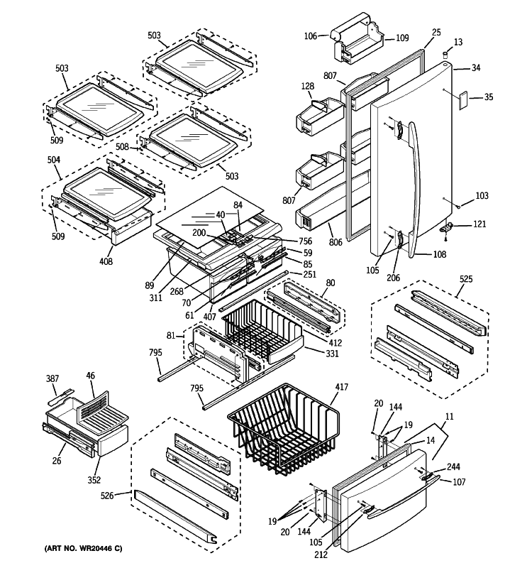 DOORS & SHELVES Diagram and Parts List for GDL20KCSCBS  General Electric Refrigerator