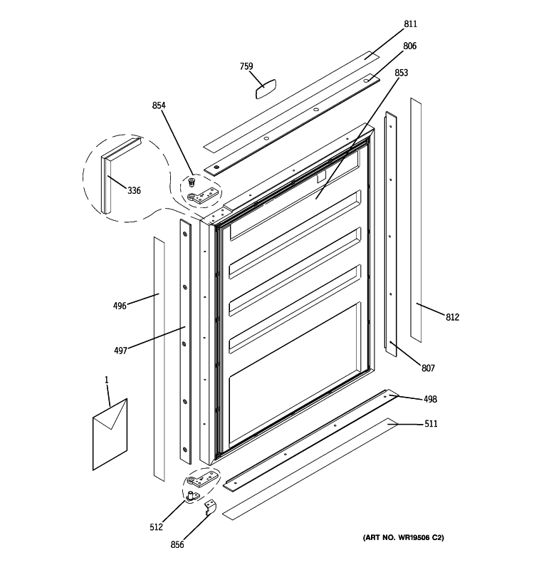 DOOR Diagram and Parts List for ZIFI240PBII  General Electric Wine and Beverage Cooler