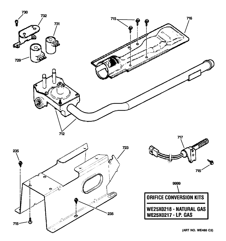 GAS VALVE & BURNER ASSEMBLY Diagram and Parts List for DBXR463PG6WW  General Electric Dryer