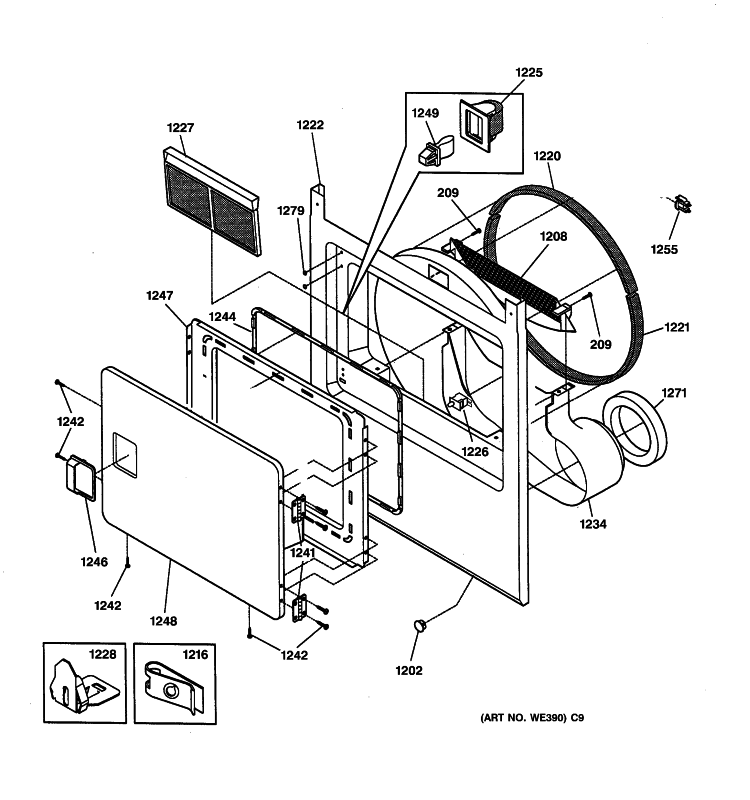 FRONT PANEL & DOOR Diagram and Parts List for DCCH43EH0WW  General Electric Dryer