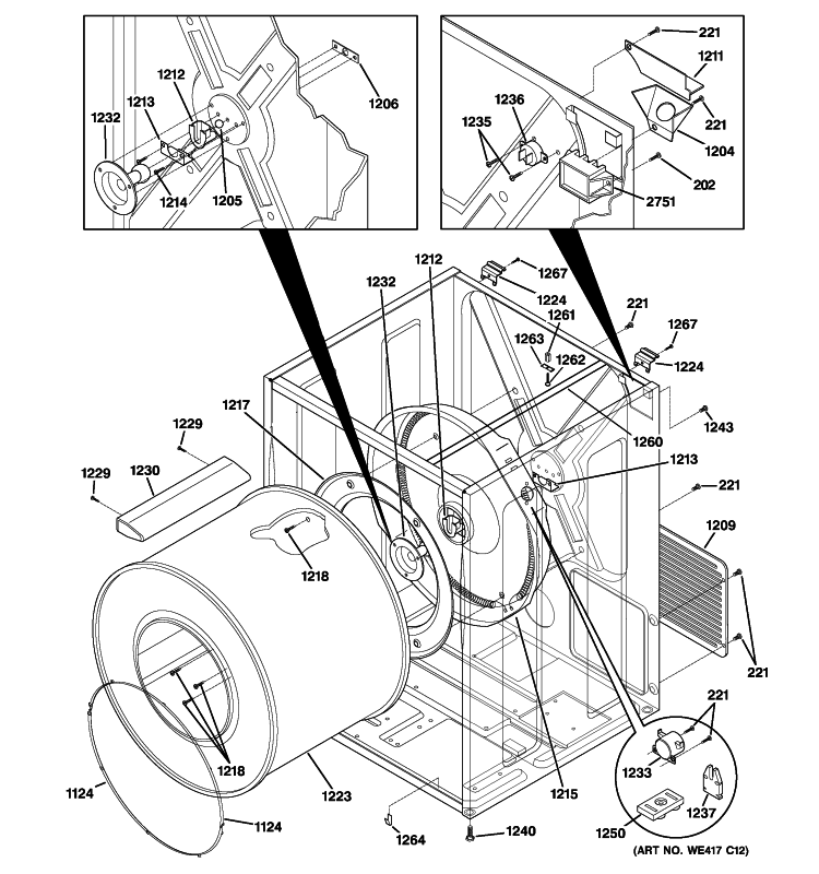 CABINET & DRUM Diagram and Parts List for DCCH43EH0WW  General Electric Dryer