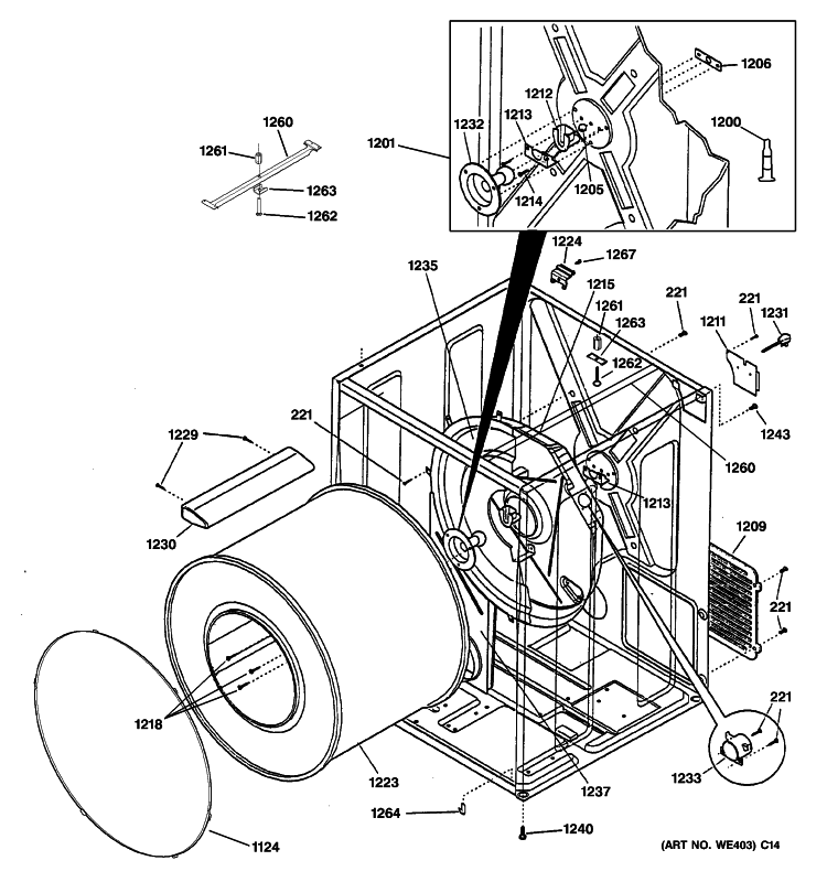CABINET & DRUM Diagram and Parts List for DCCH43GH0WW  General Electric Dryer