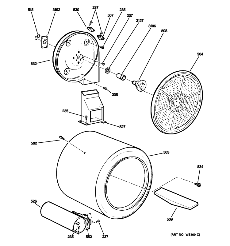 DRUM Diagram and Parts List for DCVH680GJ0BB  General Electric Dryer