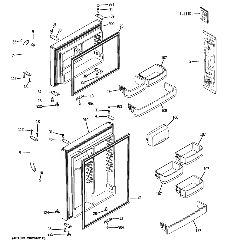 DOORS Diagram and Parts List for GTS22SBXARSS  General Electric Refrigerator