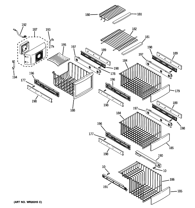 FREEZER SHELVES Diagram and Parts List for PSFW3YGXCGSS  General Electric Refrigerator