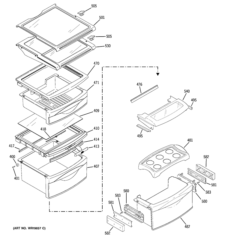 FRESH FOOD SHELVES Diagram and Parts List for PSI23NGWACV  General Electric Refrigerator