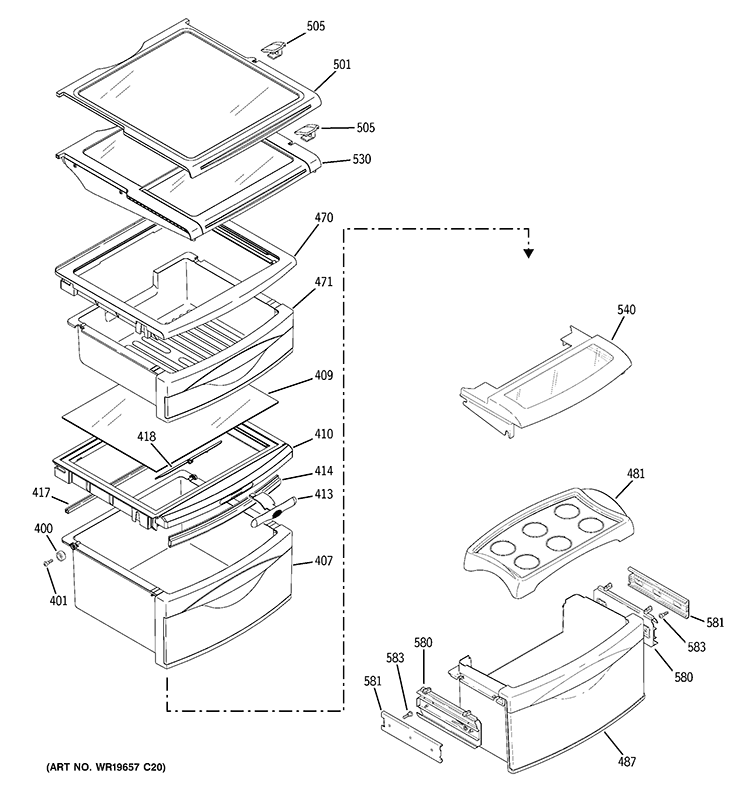 FRESH FOOD SHELVES Diagram and Parts List for PSI23SCRHSV  General Electric Refrigerator