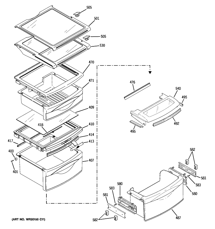 FRESH FOOD SHELVES Diagram and Parts List for PSSS7RGXCCSS  General Electric Refrigerator