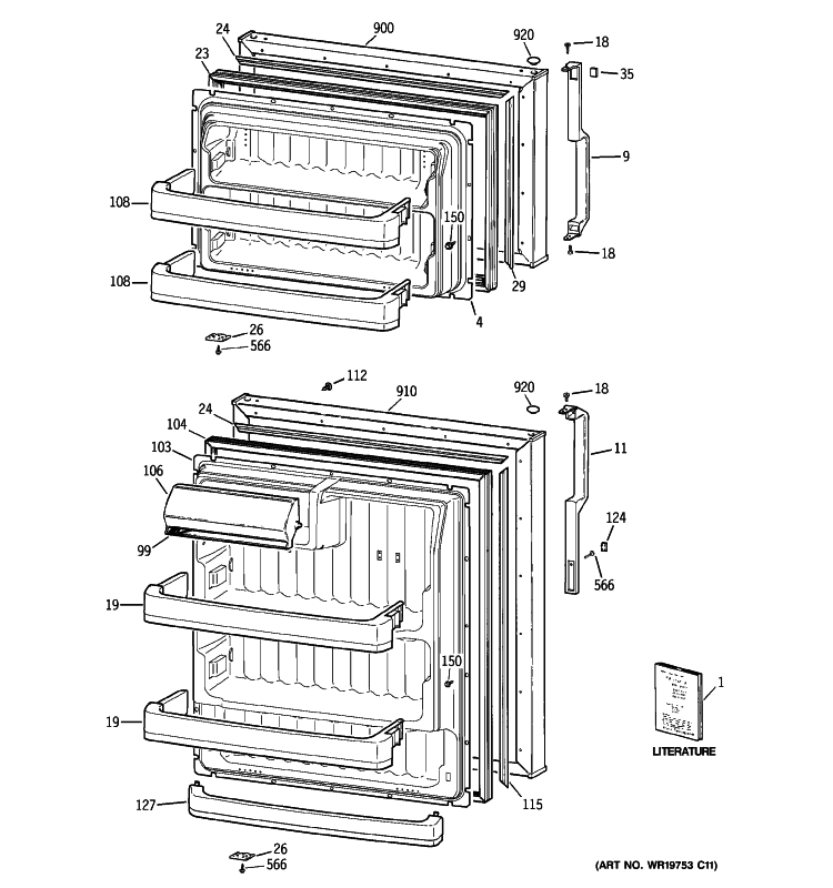 DOORS Diagram and Parts List for CTS18HBSBRWW  General Electric Refrigerator