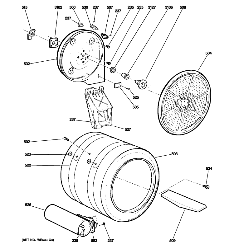DRUM Diagram and Parts List for DNCK440GG6WC  General Electric Dryer