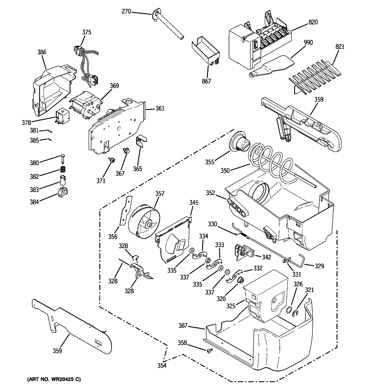 ICE MAKER & DISPENSER Diagram and Parts List for PJE25PGTIFSV  General Electric Refrigerator