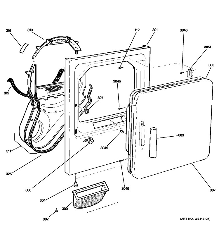 FRONT PANEL & DOOR Diagram and Parts List for DVLR223PG6WW  General Electric Dryer