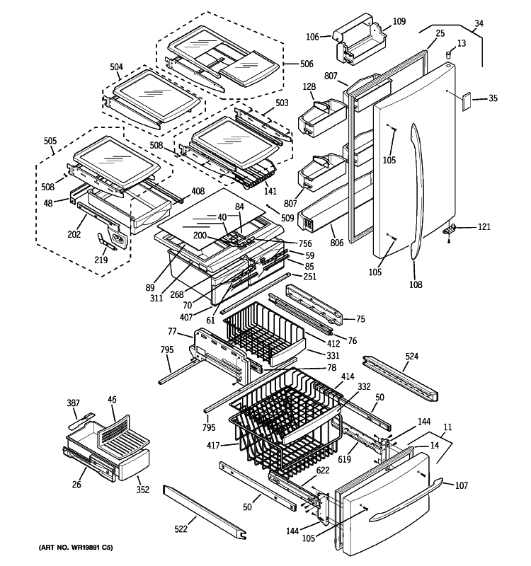 DOORS & SHELVES Diagram and Parts List for PDW22SISARSS  General Electric Refrigerator