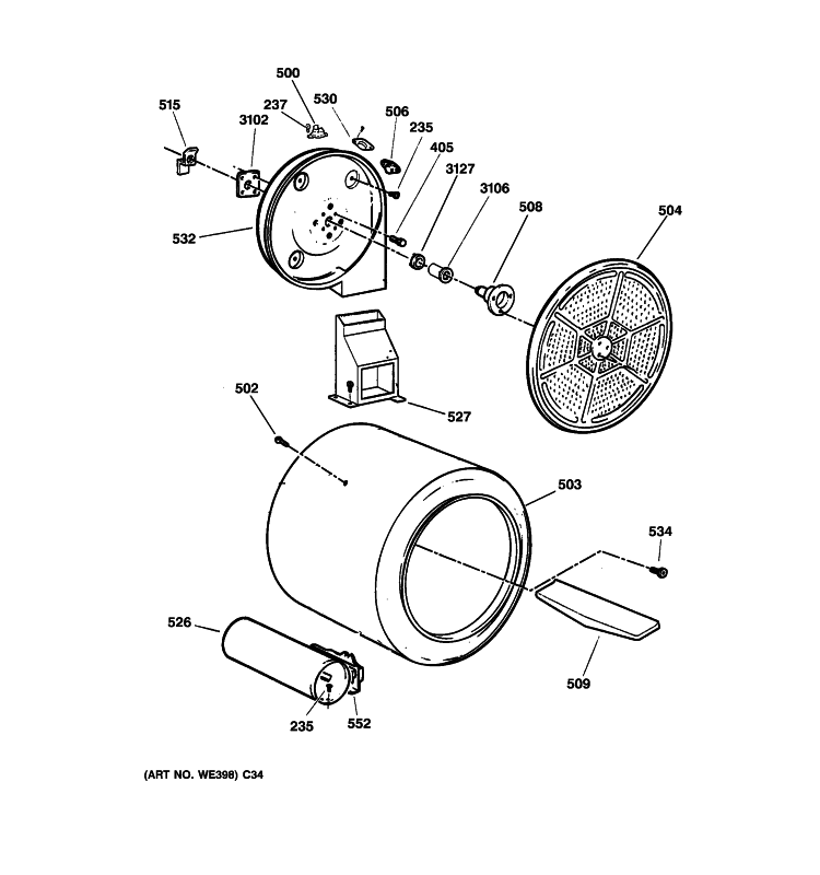 DRUM Diagram and Parts List for DBXR463PG4WW  General Electric Dryer