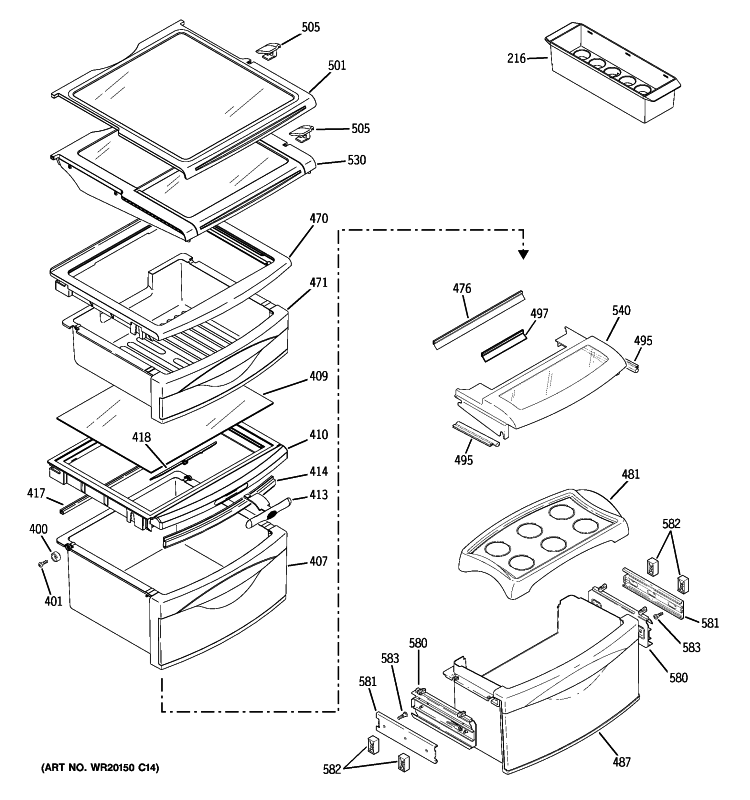 FRESH FOOD SHELVES Diagram and Parts List for ZCE23NGTAFNB  General Electric Refrigerator