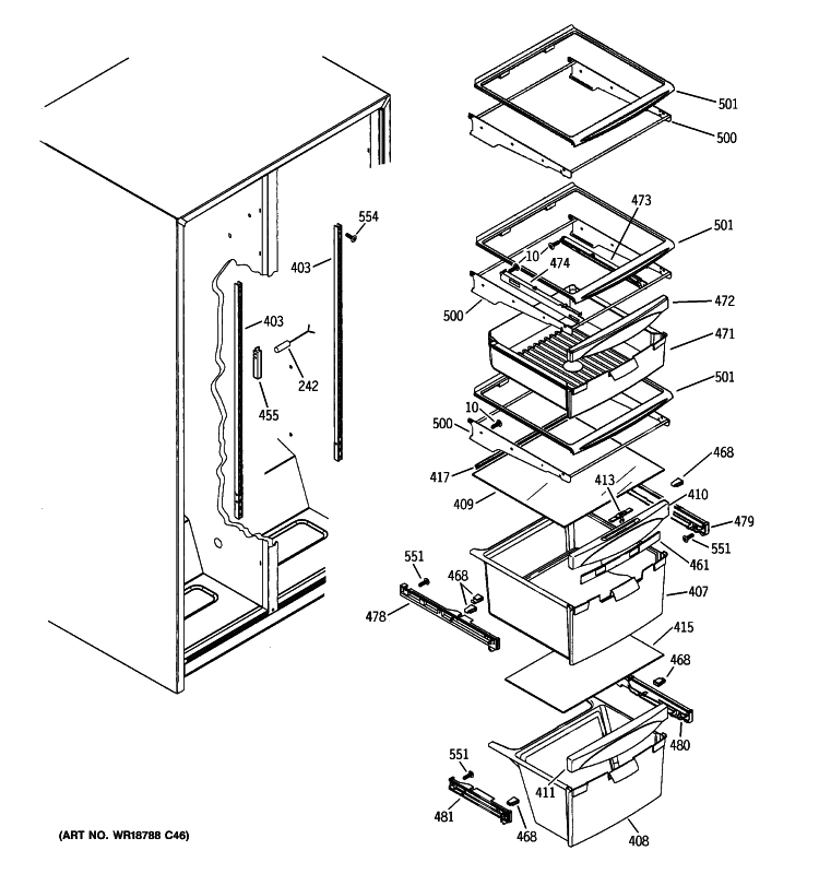 FRESH FOOD SHELVES Diagram and Parts List for BSS25JFTHWW  General Electric Refrigerator