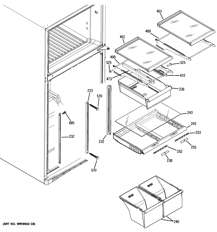 FRESH FOOD SHELVES Diagram and Parts List for GTS18SBSXRSS  General Electric Refrigerator