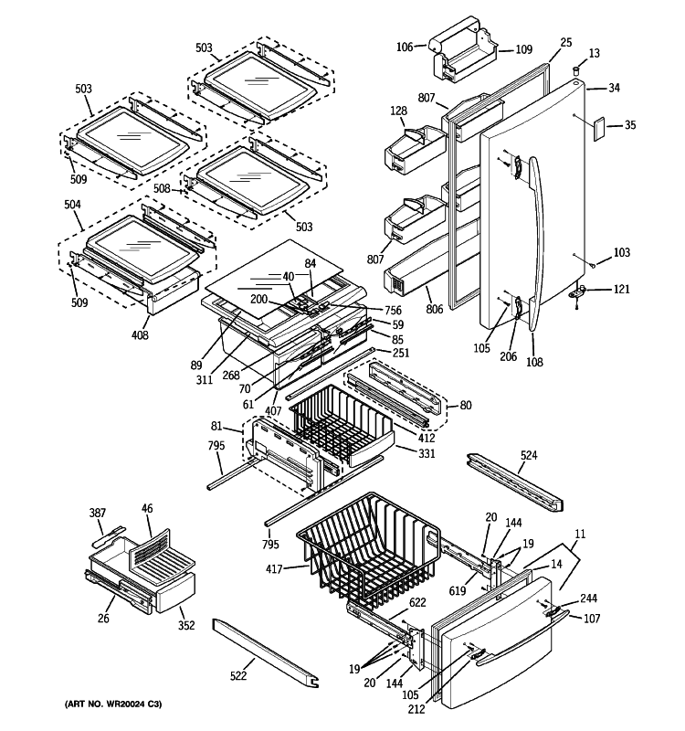 DOORS & SHELVES Diagram and Parts List for GDS20KCSBBB  General Electric Refrigerator