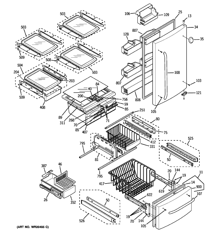 DOORS & SHELVES Diagram and Parts List for GDL22KCWCSS  General Electric Refrigerator