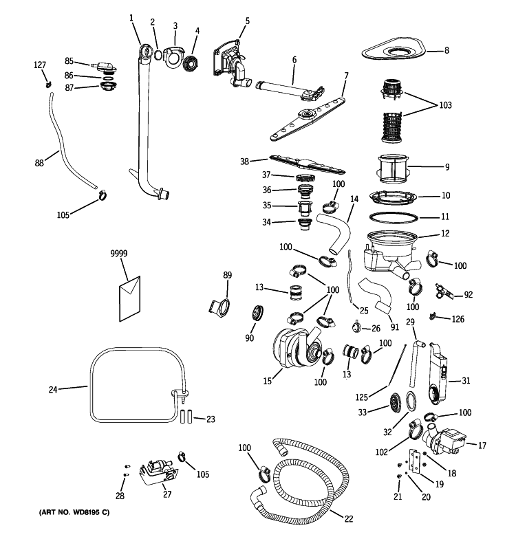 MOTOR-PUMP MECHANISM Diagram and Parts List for GHDA696P00SS  General Electric Dishwasher