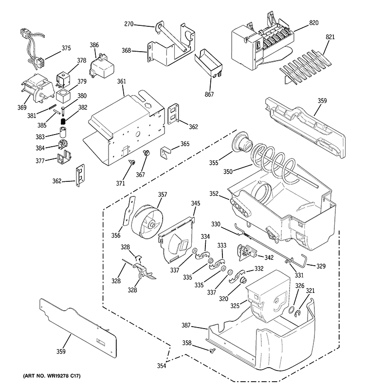 ICE MAKER & DISPENSER Diagram and Parts List for PHE25PGTAFBB  General Electric Refrigerator
