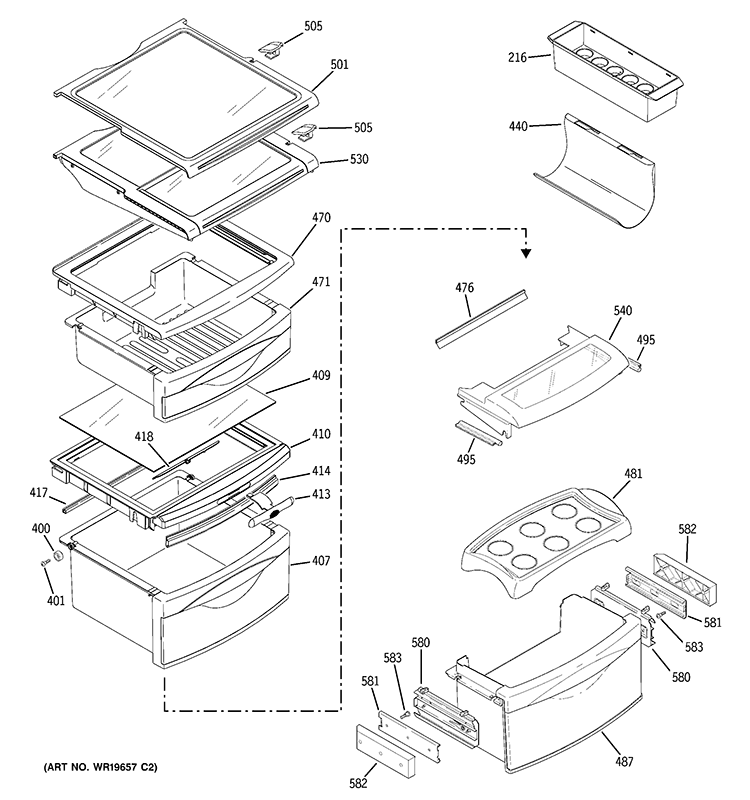 FRESH FOOD SHELVES Diagram and Parts List for PHE25PGTAFBB  General Electric Refrigerator
