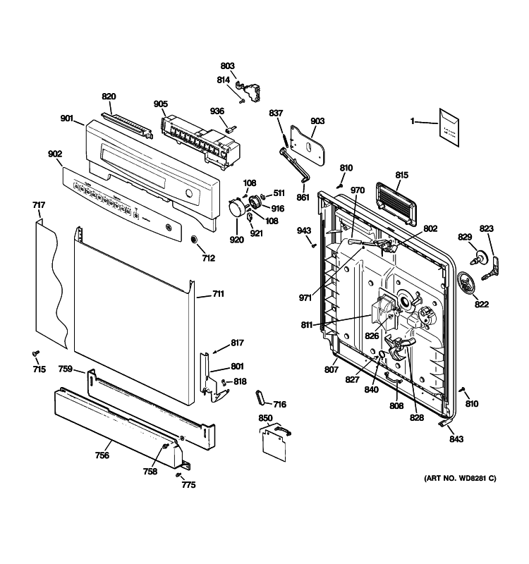 ESCUTCHEON & DOOR ASSEMBLY Diagram and Parts List for GSD4000N20BB  General Electric Dishwasher