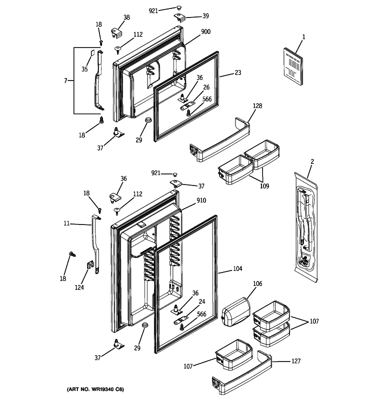 DOORS Diagram and Parts List for GTL18PBRXRBS  General Electric Refrigerator