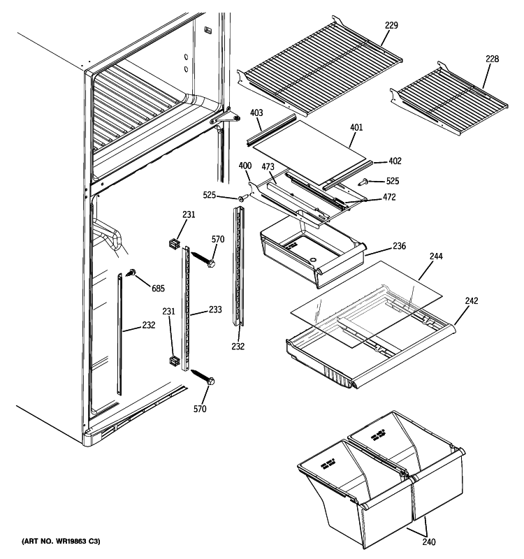 FRESH FOOD SHELVES Diagram and Parts List for GTS18DBPXLCC  General Electric Refrigerator
